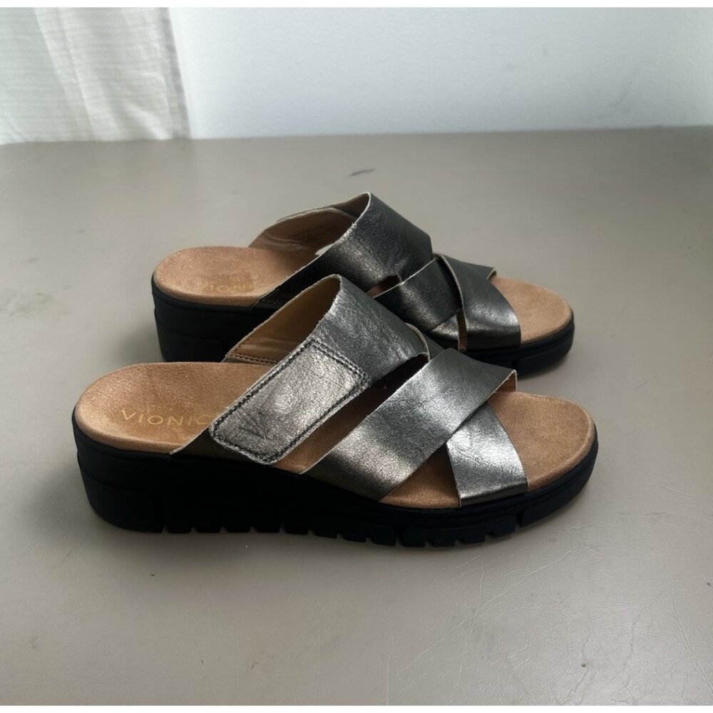 Vionic Metallic Gunmetal Uptown Sunset Wedge Leather Slide Sandal